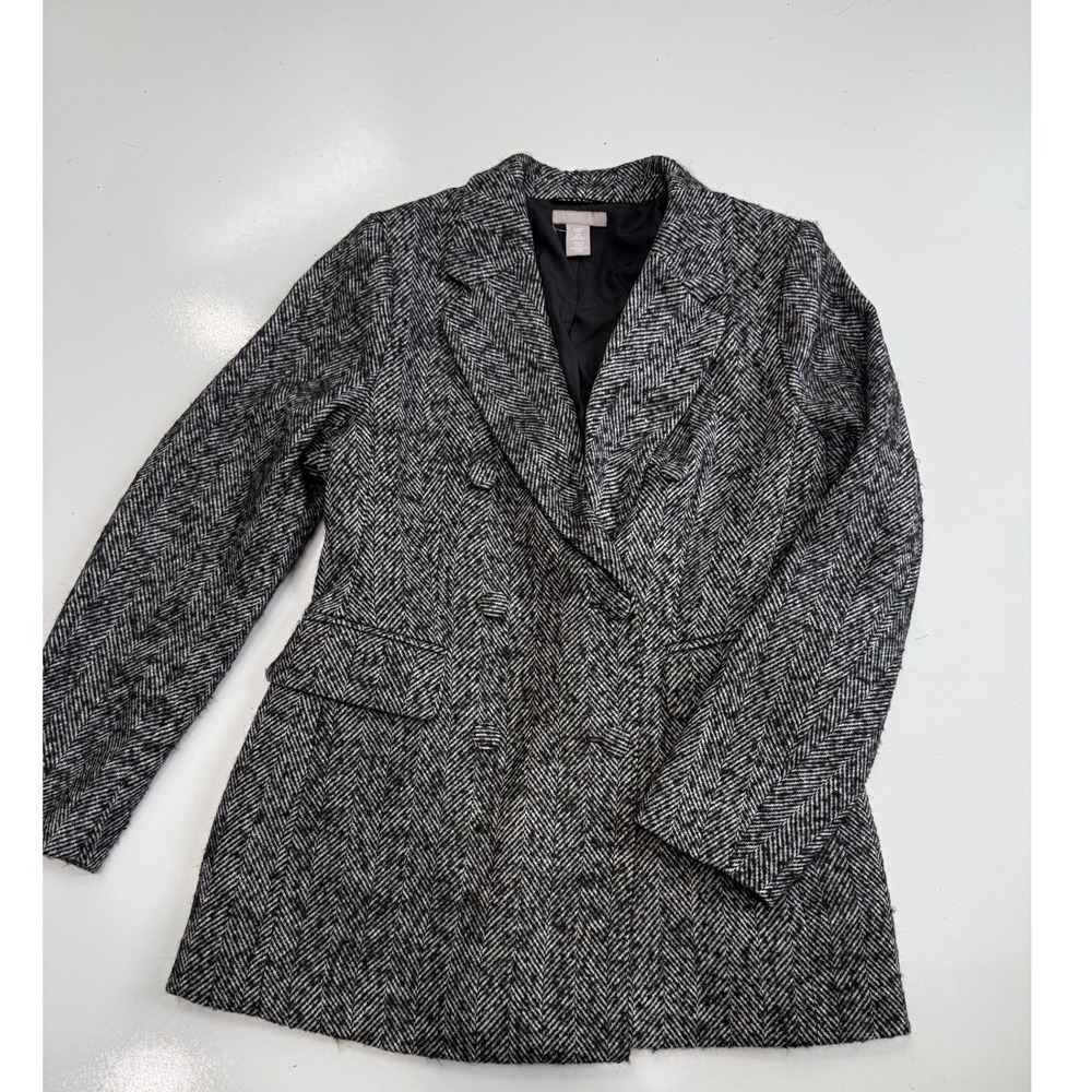 HM Womens Herringbone Double Breasted Blazer Jacket Black White Small Longline